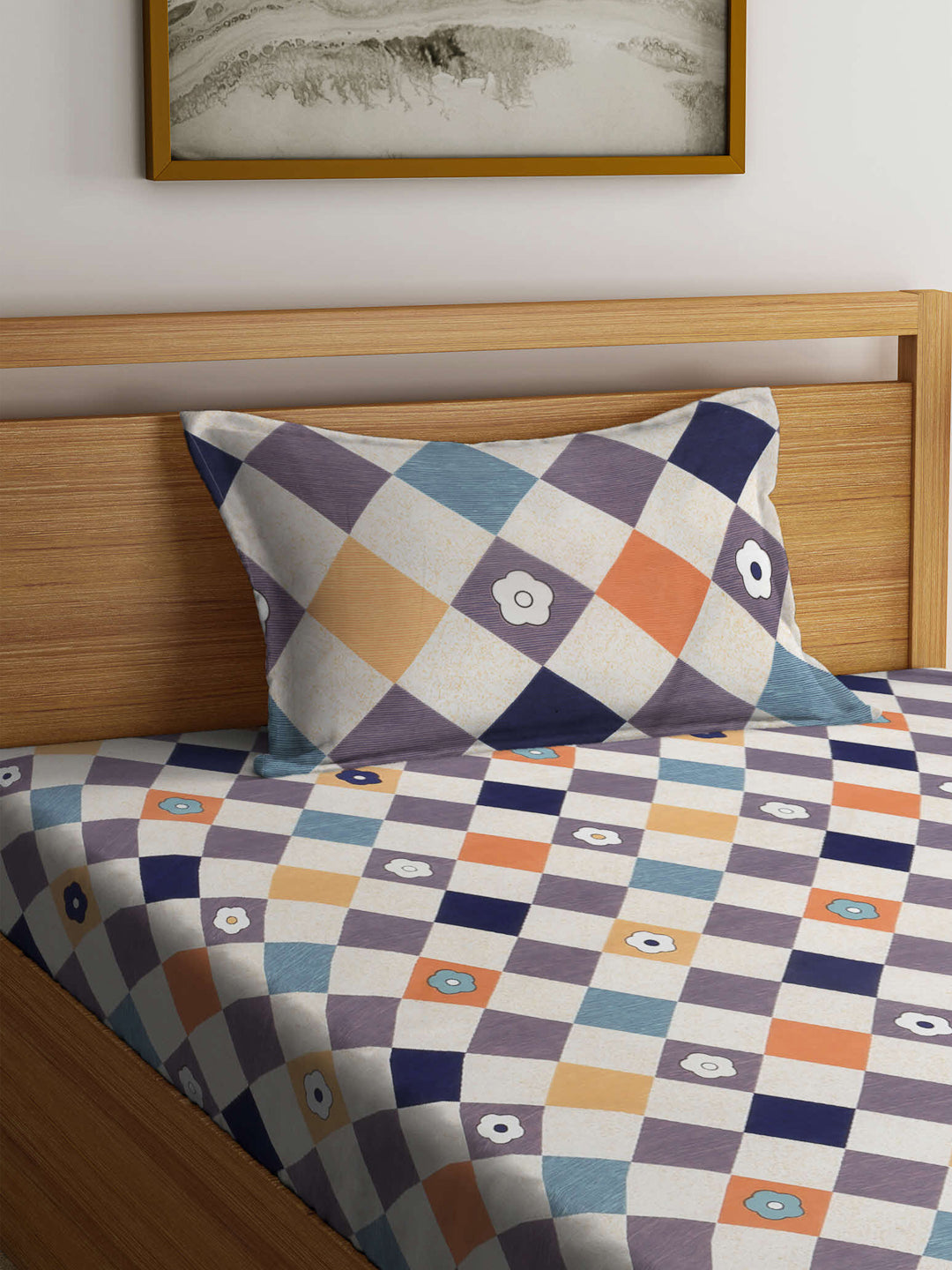 Arrabi Multi Geometric TC Cotton Blend Single Size Fitted Bedsheet with 1 Pillow Cover (215 x 150 cm)