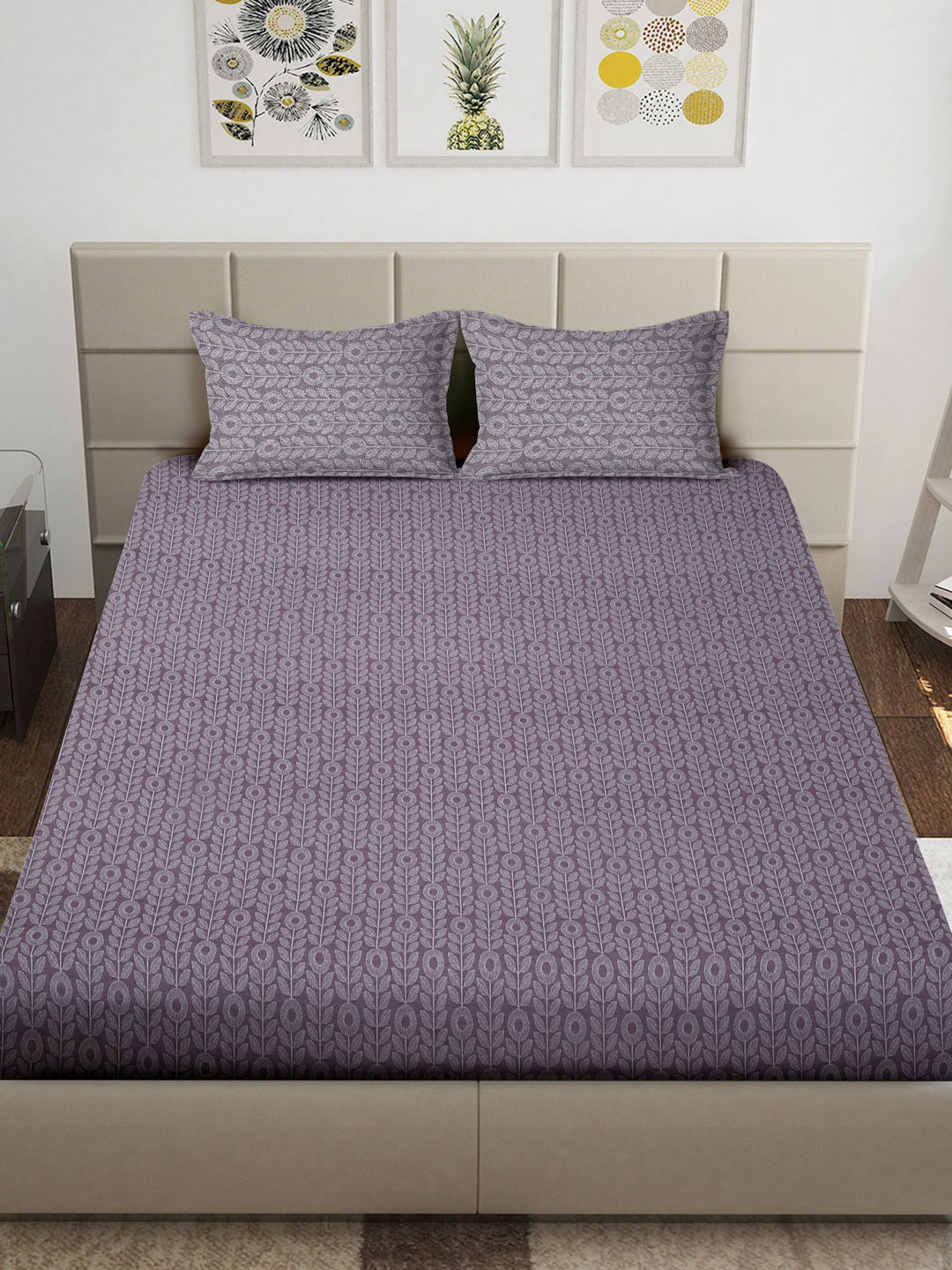 Arrabi Purple Floral 100% Handwoven Cotton Super King Size Bedsheet with 2 Pillow Covers (270 x 260 cm)