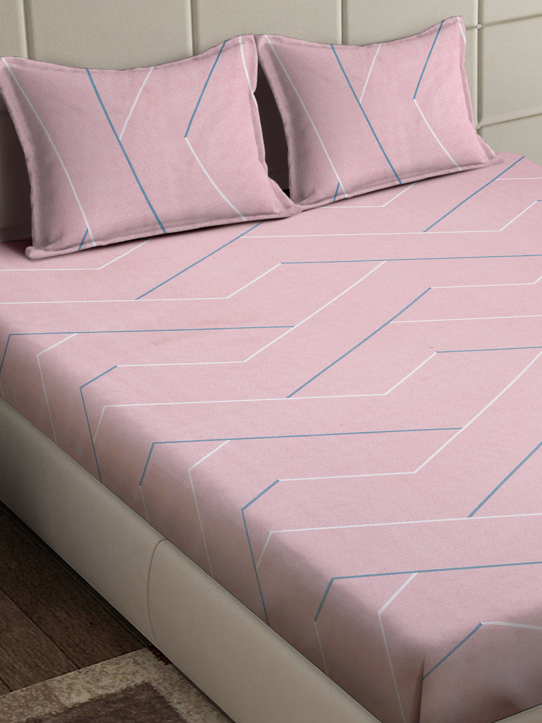 Arrabi Pink Geometric TC Cotton Blend King Size Bedsheet with 2 Pillow Covers (250 x 215 cm)