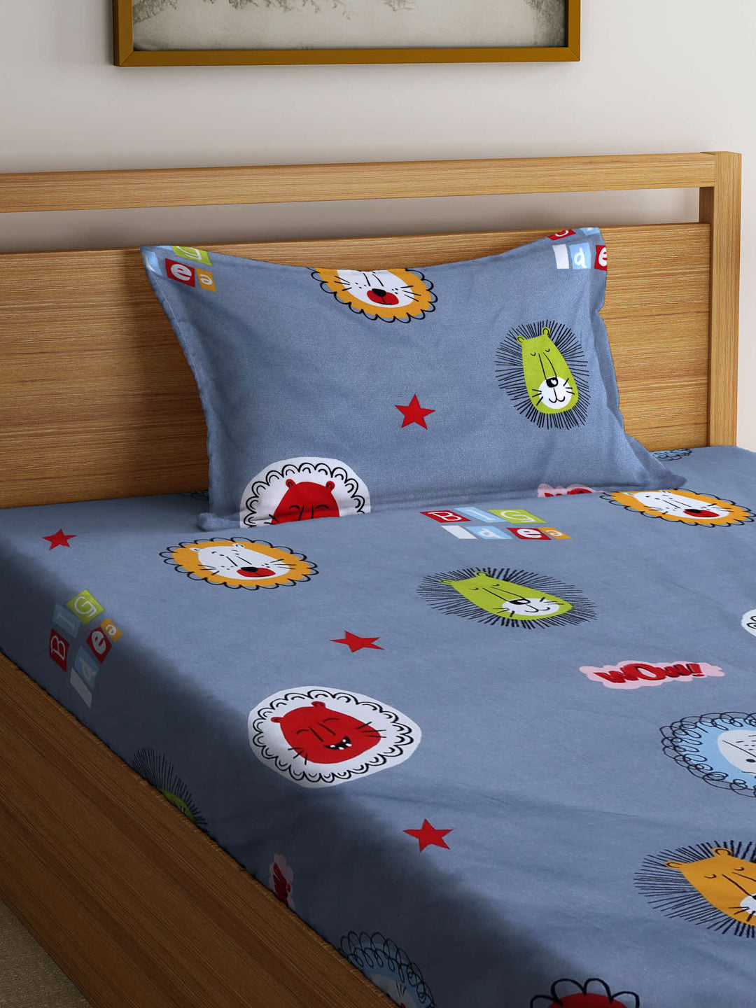 Arrabi Grey Cartoon TC Cotton Blend Single Size Fitted Bedsheet with 1 Pillow Cover (215 X 150 cm)