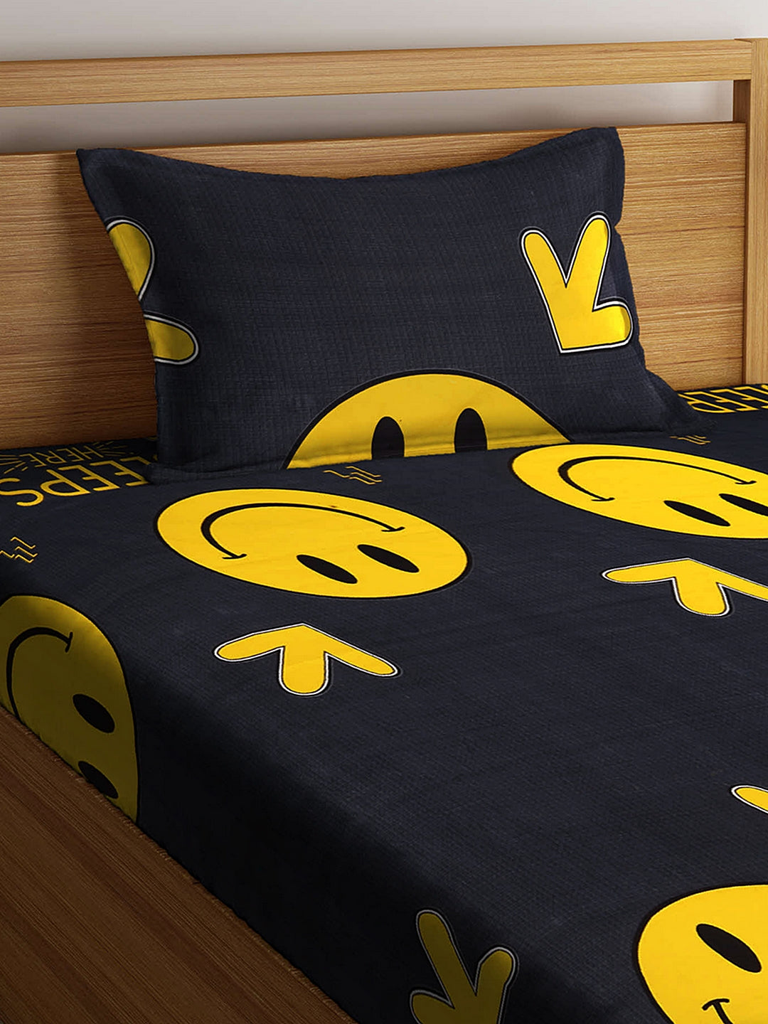 Arrabi Black Cartoon TC Cotton Blend Single Size Fitted Bedsheet with 1 Pillow Cover (220 X 150 cm)