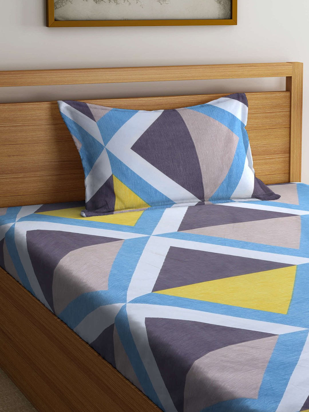 Arrabi Multi Geometric TC Cotton Blend Single Size Fitted Bedsheet with 1 Pillow Cover (215 X 150 cm)