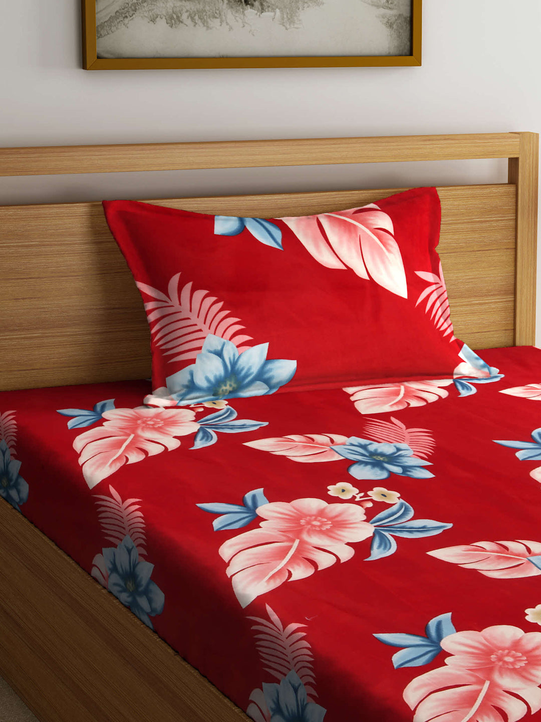 Arrabi Red Floral TC Cotton Blend Single Size Fitted Bedsheet with 1 Pillow Cover (215 X 150 cm)