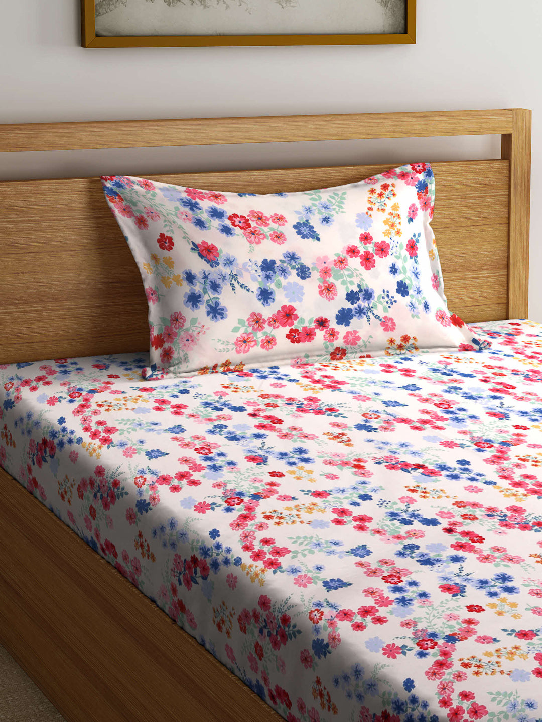 Arrabi Pink Floral TC Cotton Blend Single Size Fitted Bedsheet with 1 Pillow Cover (215 X 150 cm)