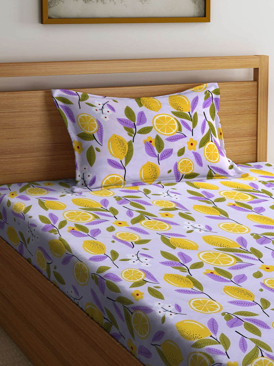 Arrabi Purple Floral TC Cotton Blend Single Size Fitted Bedsheet with 1 Pillow Cover (215 X 150 cm)