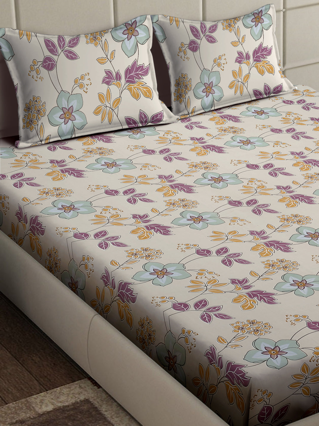 Arrabi Beige Floral TC Cotton Blend King Size Bedsheet with 2 Pillow Covers (250 x 215 cm)