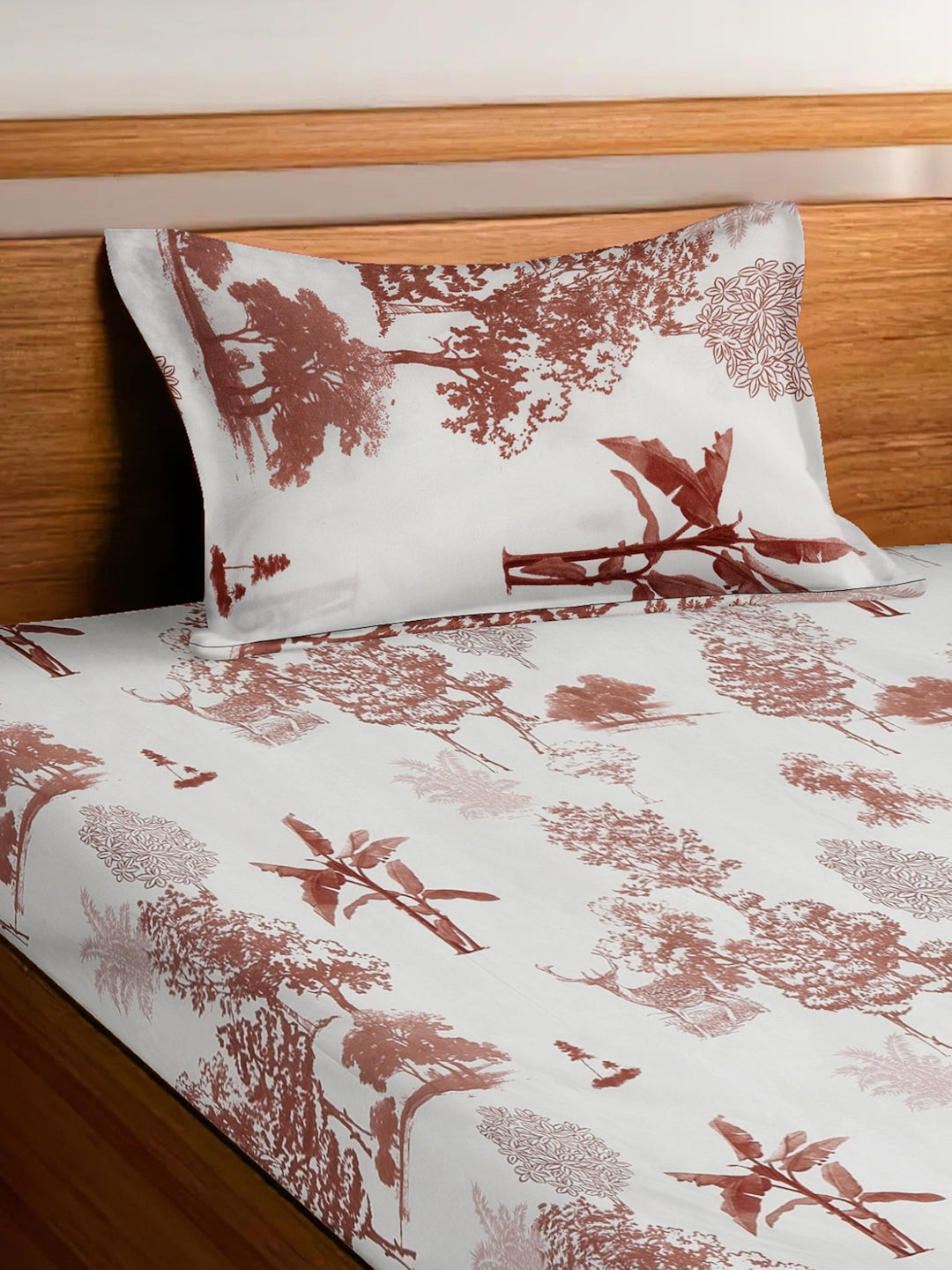 Arrabi Cream Leaf TC Cotton Blend Single Size Bedsheet with 1 Pillow Cover (215 x 150 cm)