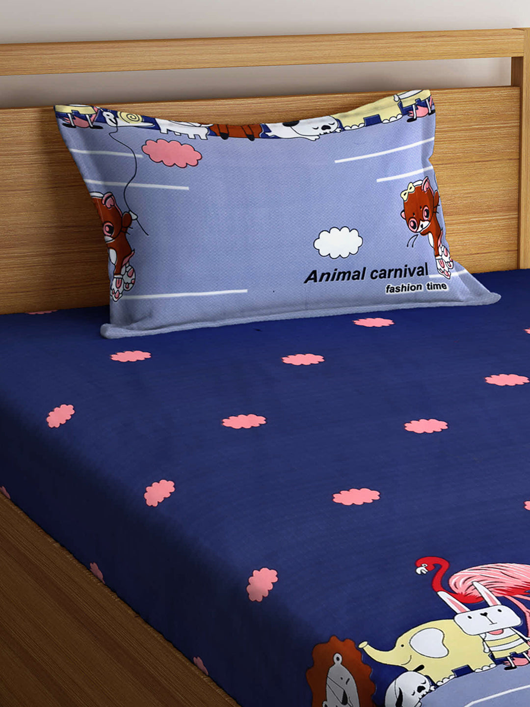 Arrabi Blue Cartoon TC Cotton Blend Single Size Fitted Bedsheet with 1 Pillow Cover (220 X 150 cm)