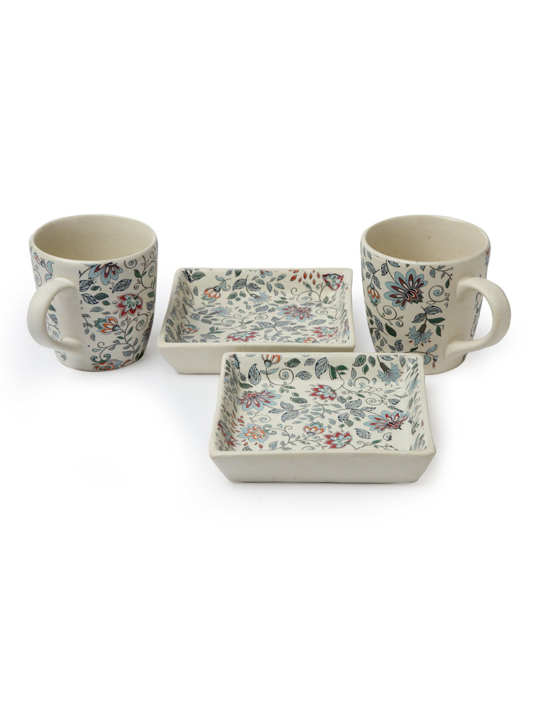 Floral Set of 2 Stoneware Mugs With 2 Tray
