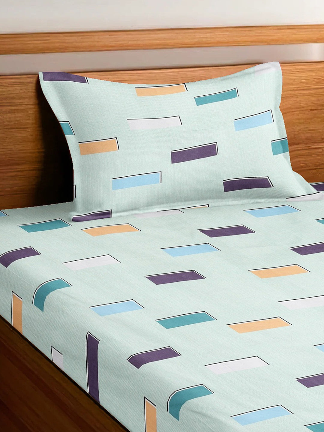 Arrabi Green Geometric TC Cotton Blend Single Size Fitted Bedsheet with 1 Pillow Cover (215 x 150 cm)