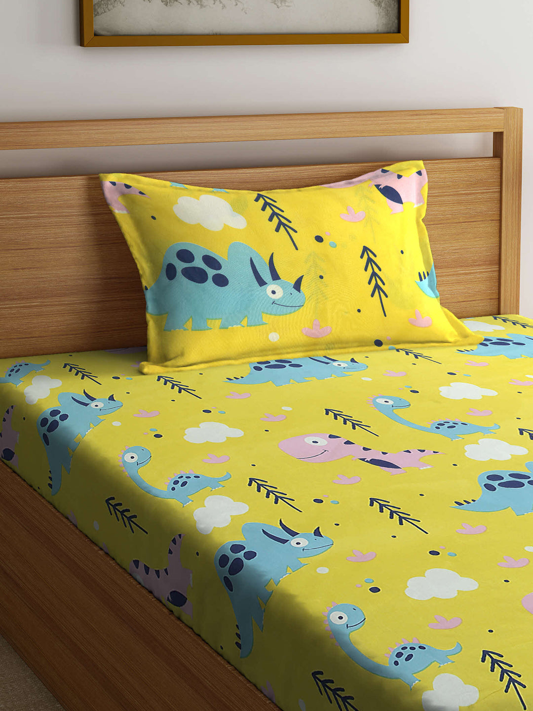 Arrabi Yellow Cartoon TC Cotton Blend Single Size Fitted Bedsheet with 1 Pillow Cover (215 X 150 cm)