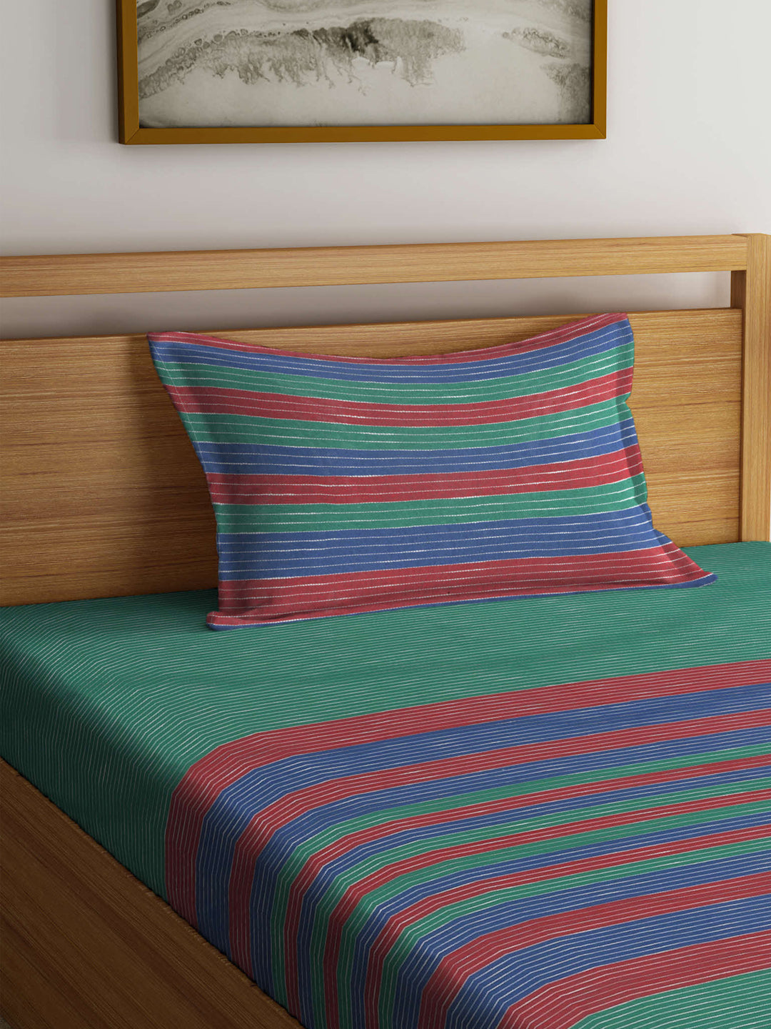 Arrabi Multi Geometric Handwoven Cotton Single Size Bedsheet with 1 Pillow Cover (215 x 150 cm)