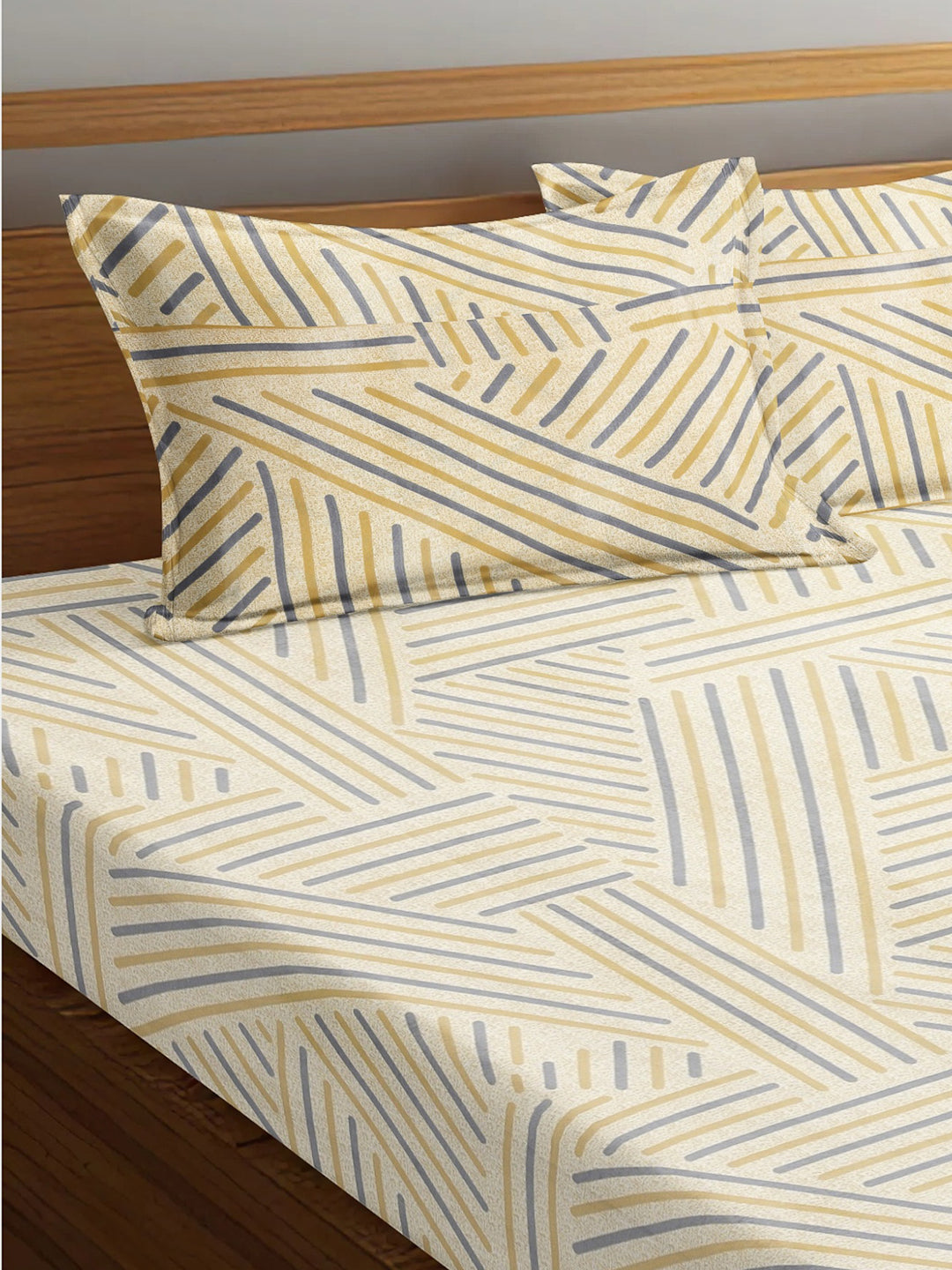 Arrabi Beige Stripes TC Cotton Blend King Size Fitted Bedsheet with 2 Pillow Covers (250 X 215 Cm)