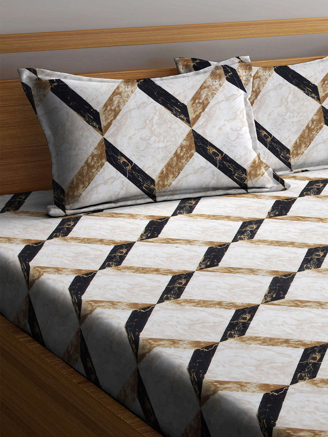 Arrabi Brown Geometric TC Cotton Blend King Size Bookfold Bedsheet with 2 Pillow Covers (250 X 220 cm)