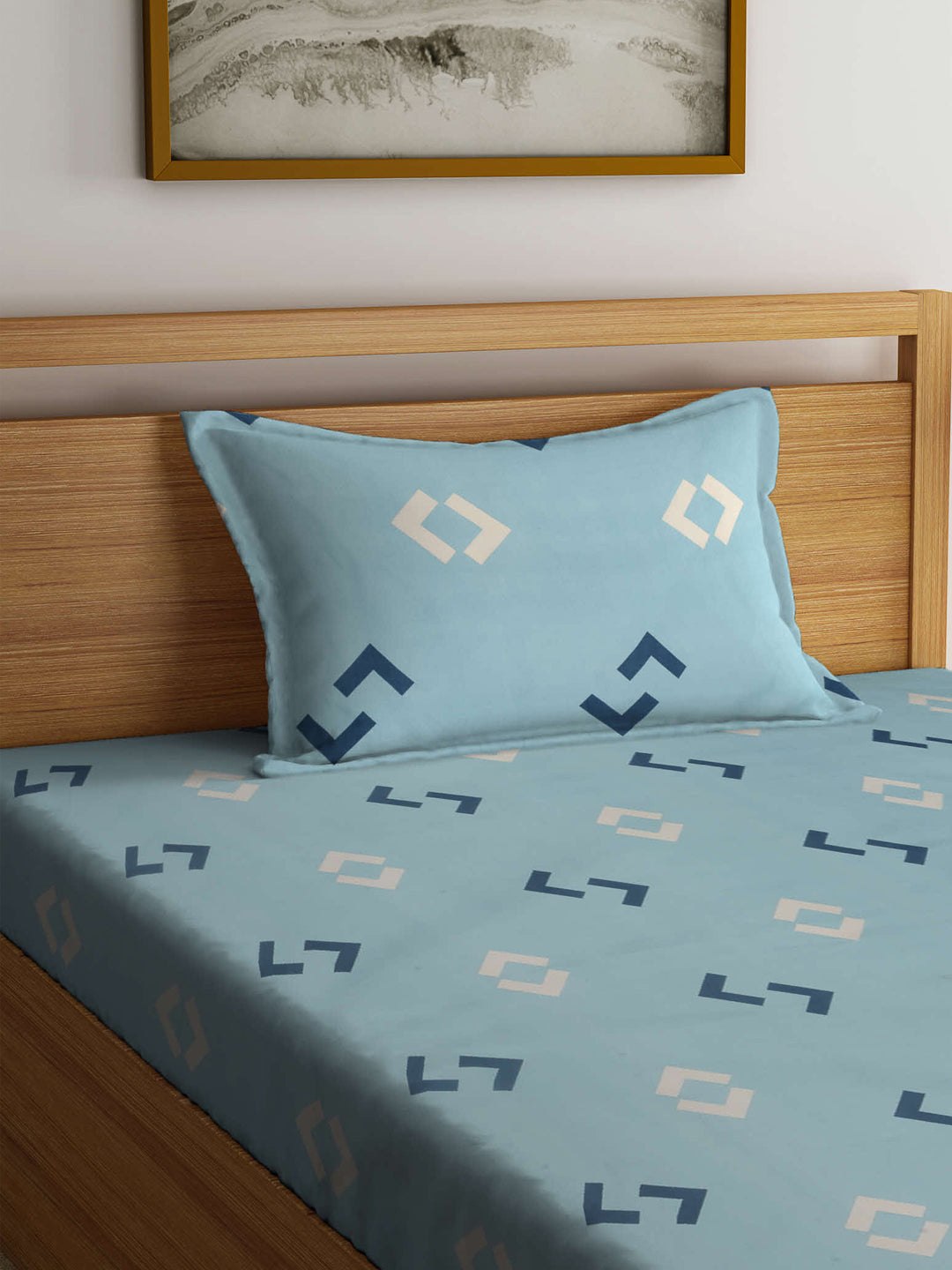 Arrabi Blue Graphic TC Cotton Blend Single Size Bedsheet with 1 Pillow Cover (215 x 150 cm)