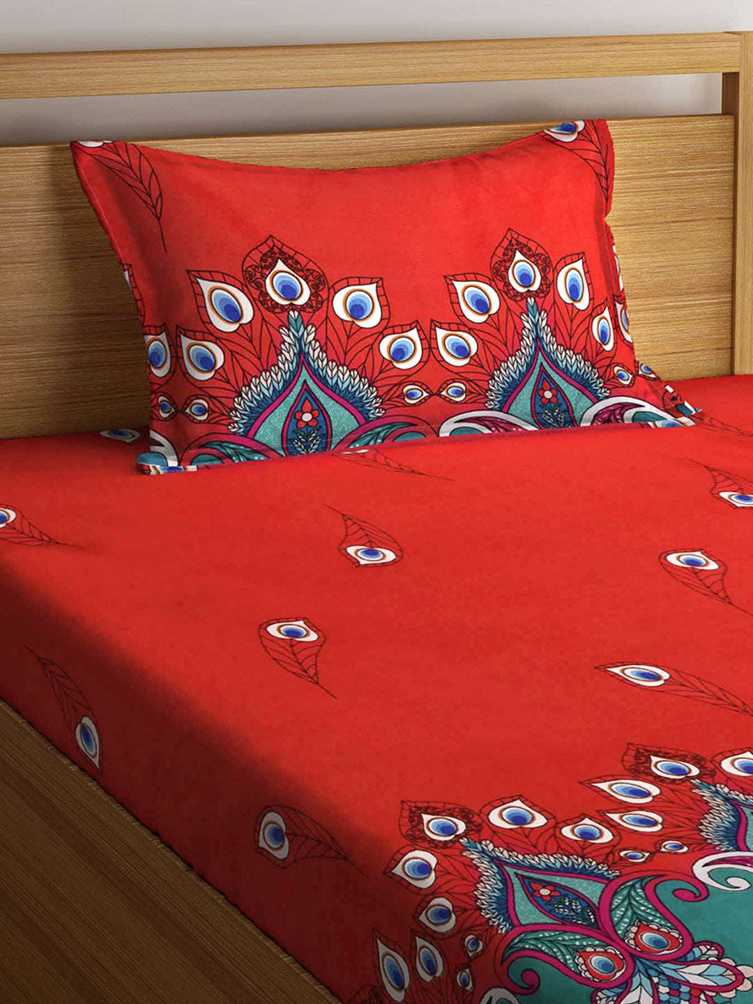 Arrabi Red Indian TC Cotton Blend Single Size Fitted Bedsheet with 1 Pillow Cover (220 X 150 cm)