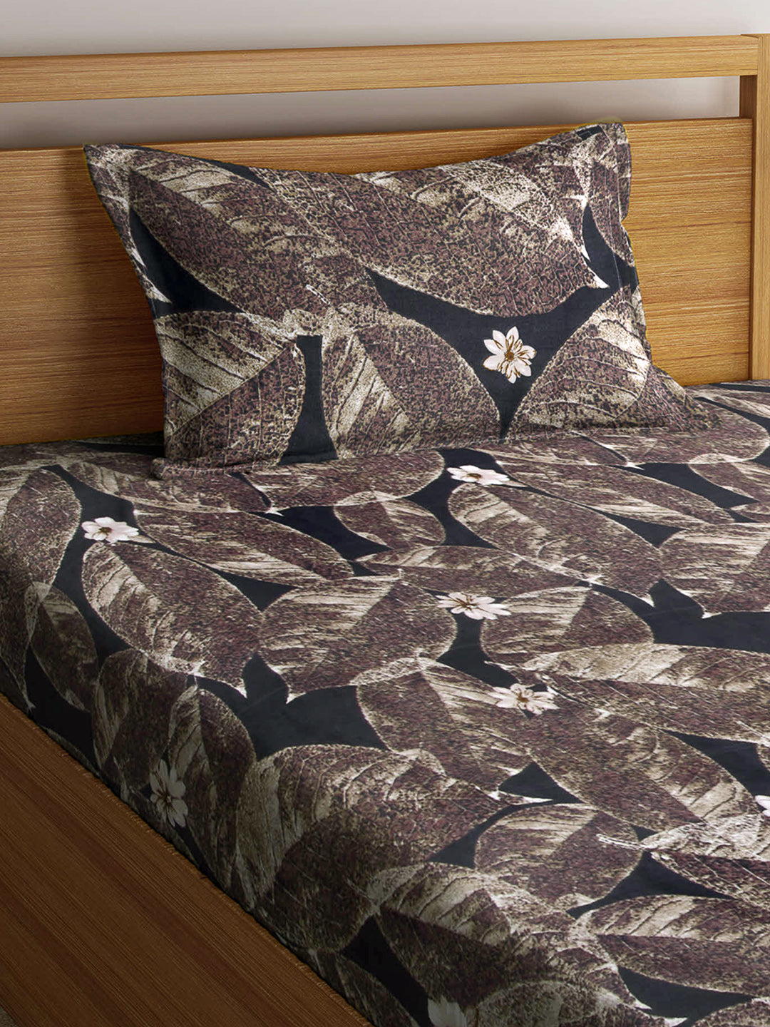 Arrabi Brown Leaf TC Cotton Blend Single Size Fitted Bedsheet with 1 Pillow Cover (220 X 150 cm)