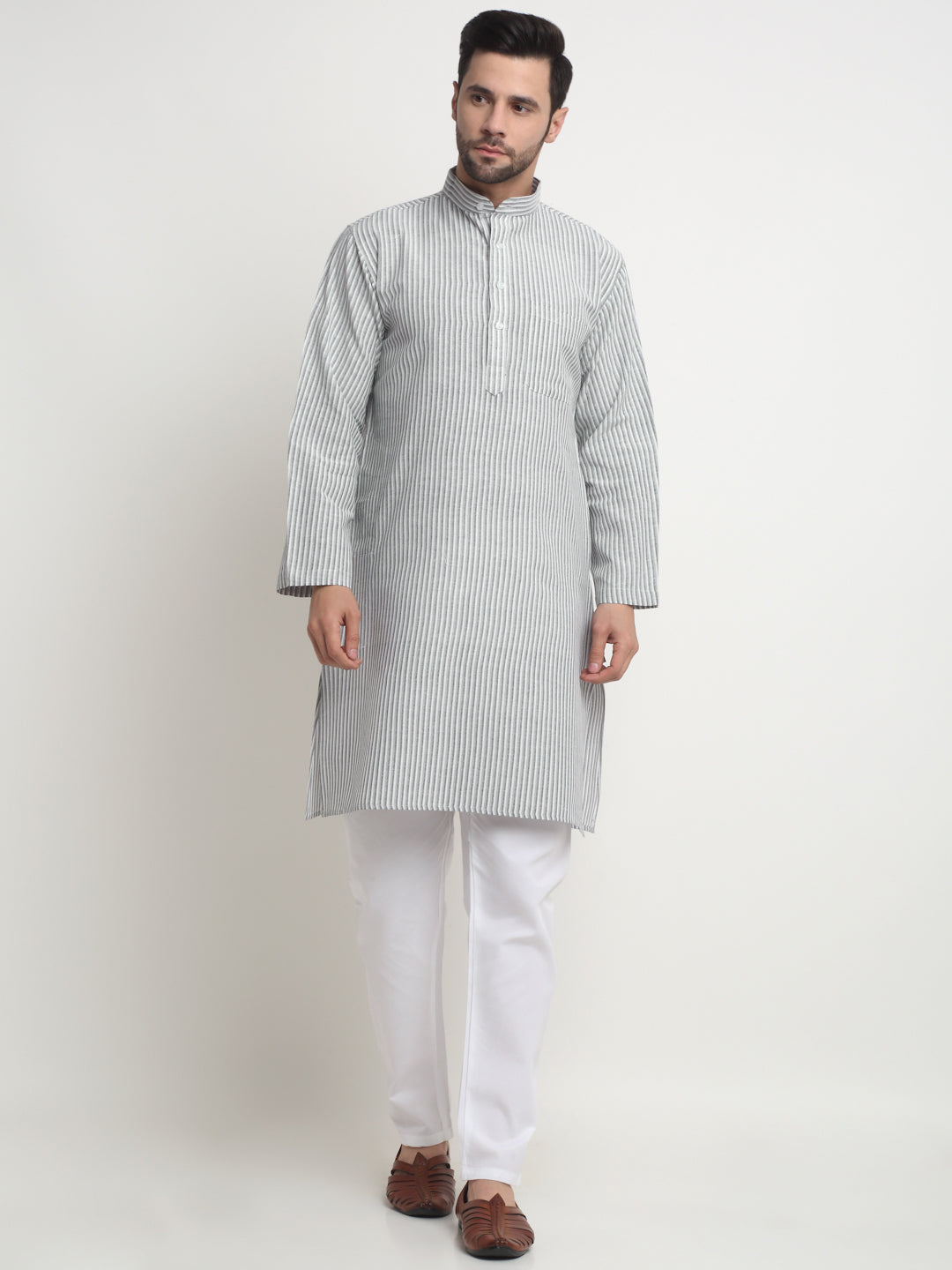 Arrabi Men Indian Fashion Grey Pure Cotton Stripped Straight Kurta