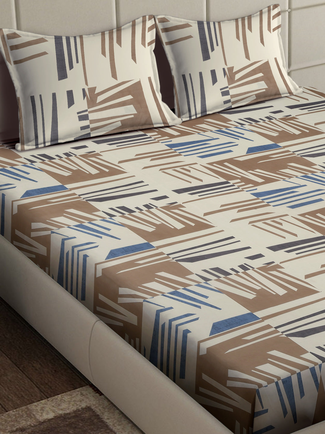 Arrabi Beige Stripes TC Cotton Blend King Size Bedsheet with 2 Pillow Covers (250 x 215 cm)