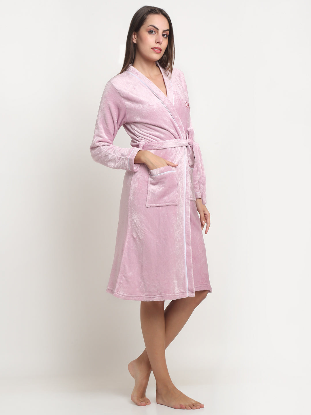 Arrabi Women Pink Warm Woolen Striped Bath Robe With Pockets
