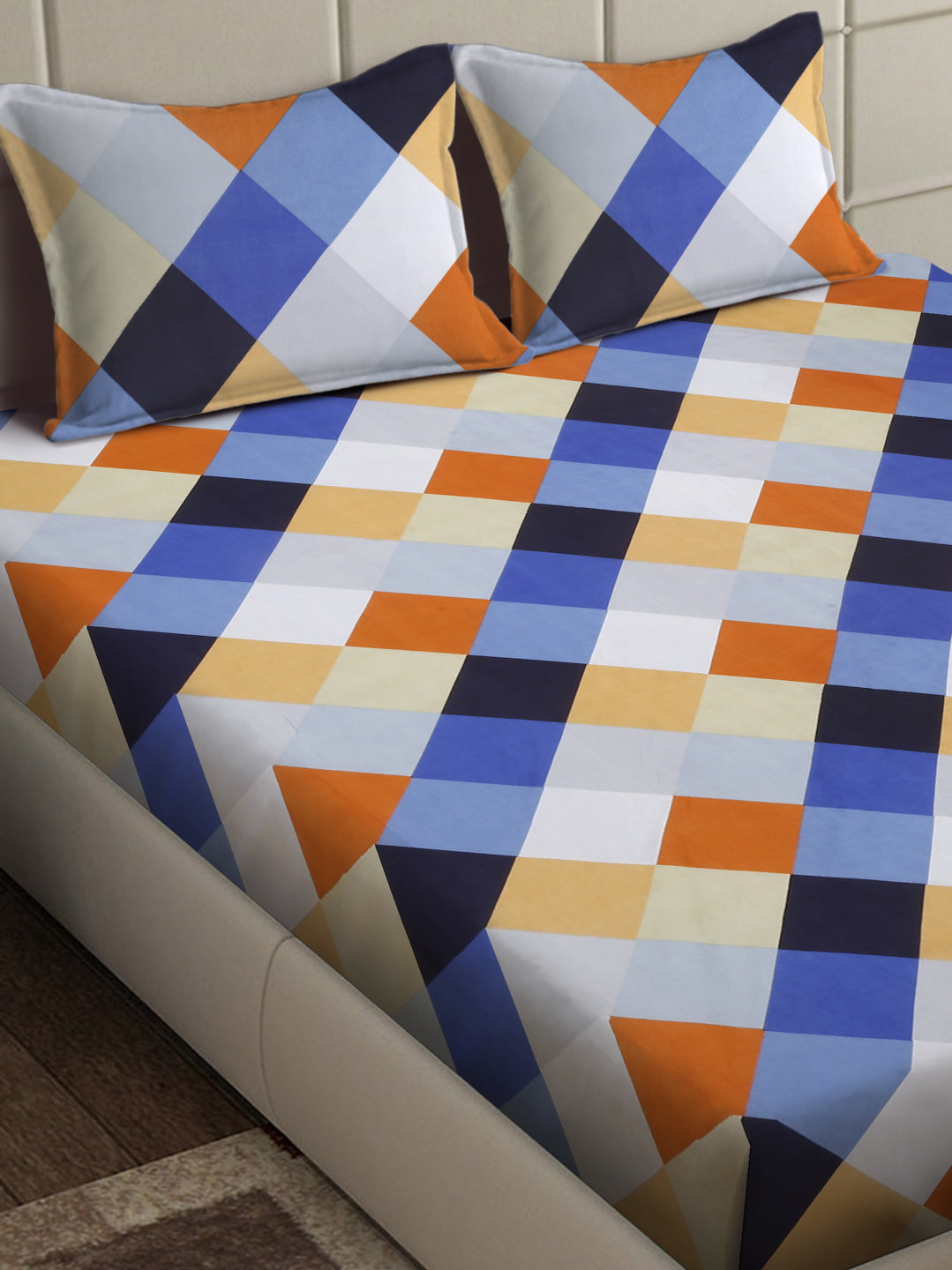 Arrabi Multi Geometric TC Cotton Blend King Size Bedsheet with 2 Pillow Covers (250 x 215 cm)