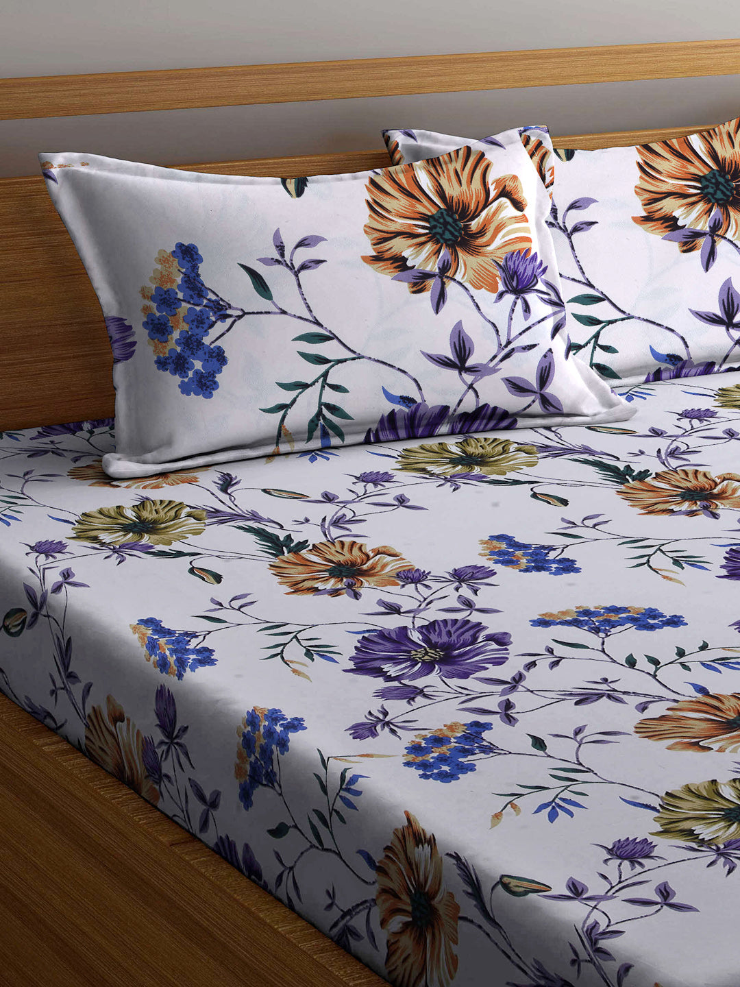 Arrabi Multi Floral TC Cotton Blend Super King Size Bookfold Bedsheet with 2 Pillow Covers (270 X 260 cm)