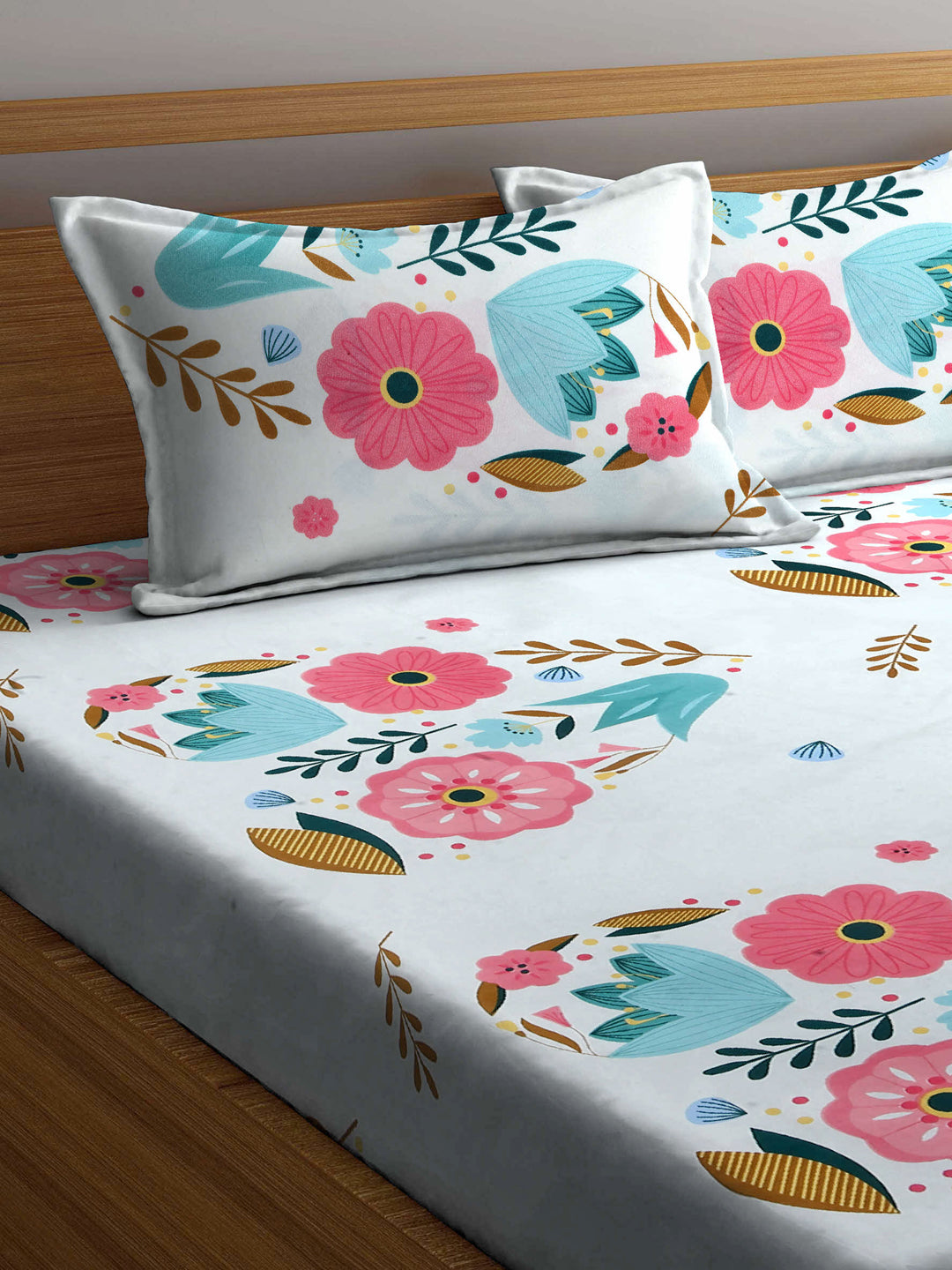 Arrabi Multi Floral TC Cotton Blend King Size Bookfold Bedsheet with 2 Pillow Covers (250 X 215 cm)