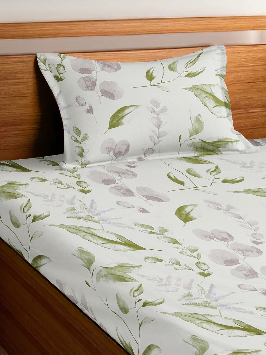 Arrabi Cream Leaf TC Cotton Blend Single Size Bedsheet with 1 Pillow Cover (215 x 150 cm)