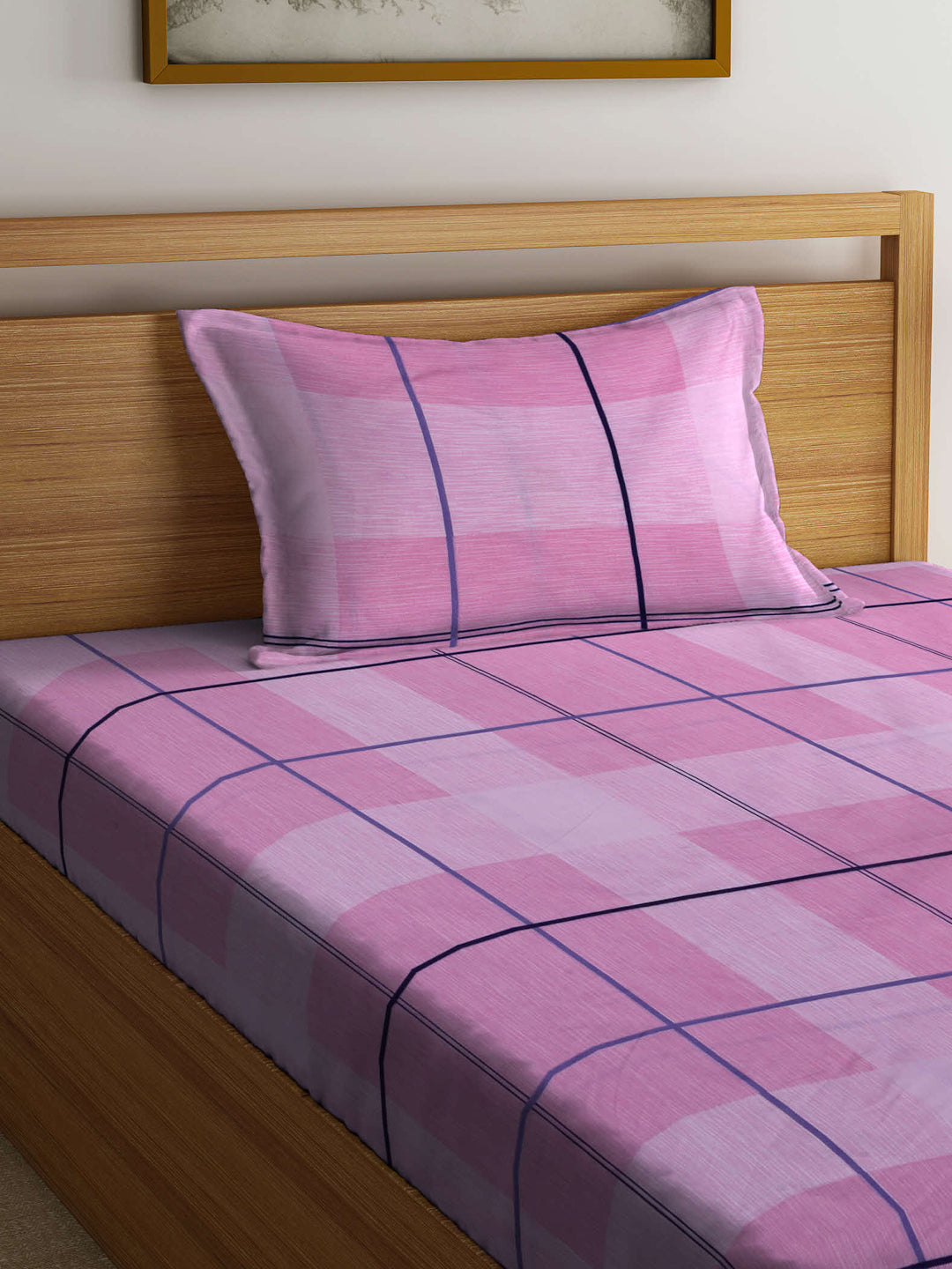 Arrabi Pink Stripes TC Cotton Blend Single Size Fitted Bedsheet with 1 Pillow Cover (215 X 150 cm)