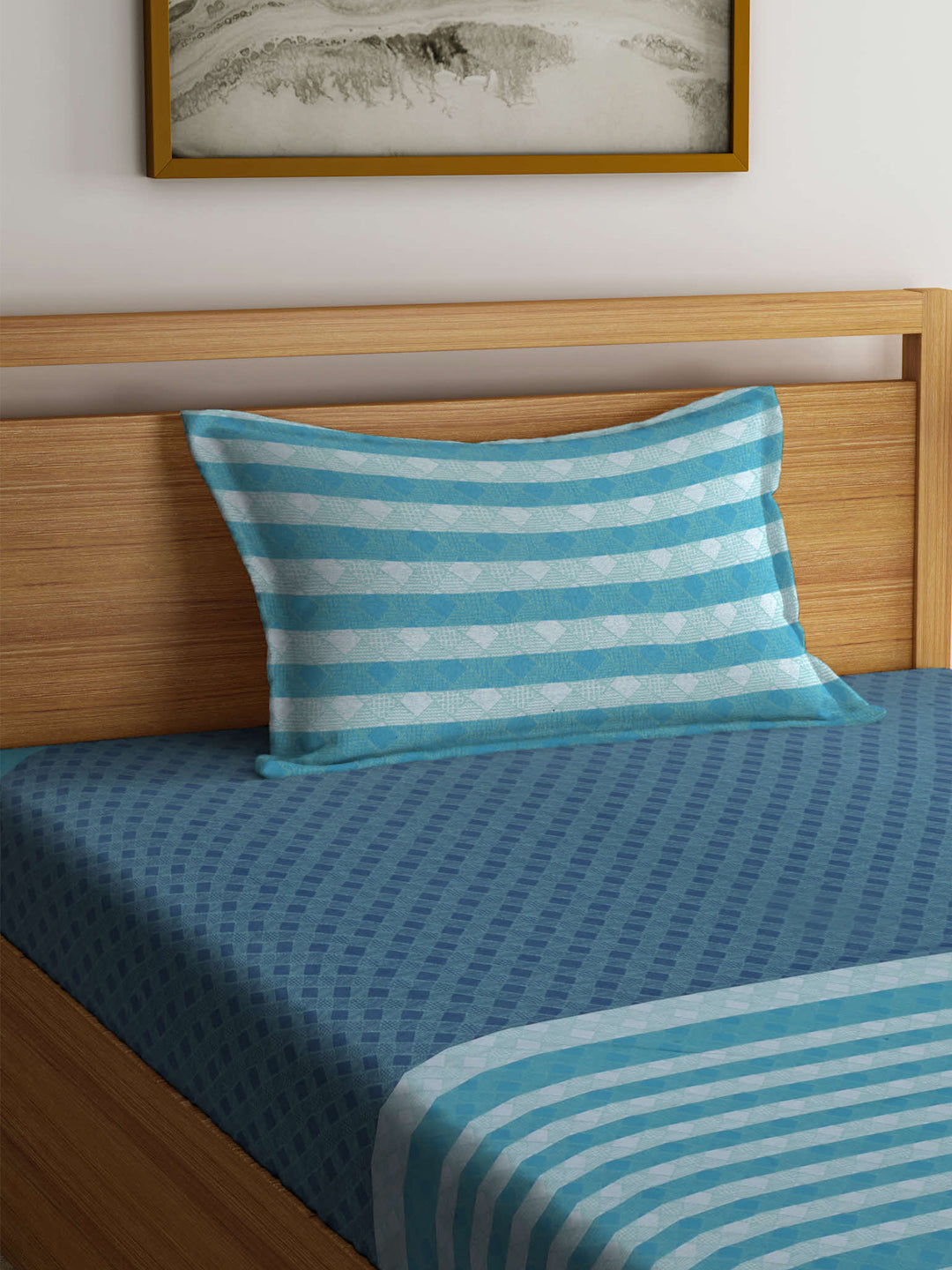 Arrabi Blue Geometric Handwoven Cotton Single Size Bedsheet with 1 Pillow Cover (215 x 150 cm)