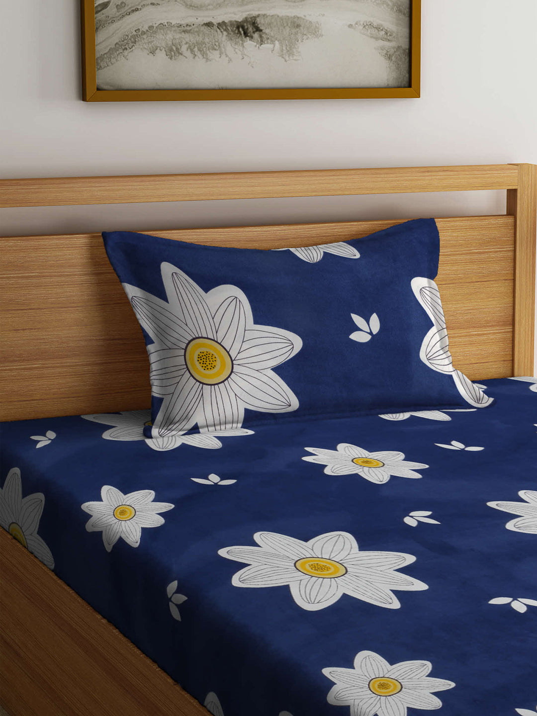 Arrabi Blue Floral TC Cotton Blend Single Size Bedsheet with 1 Pillow Cover (215 x 150 cm)