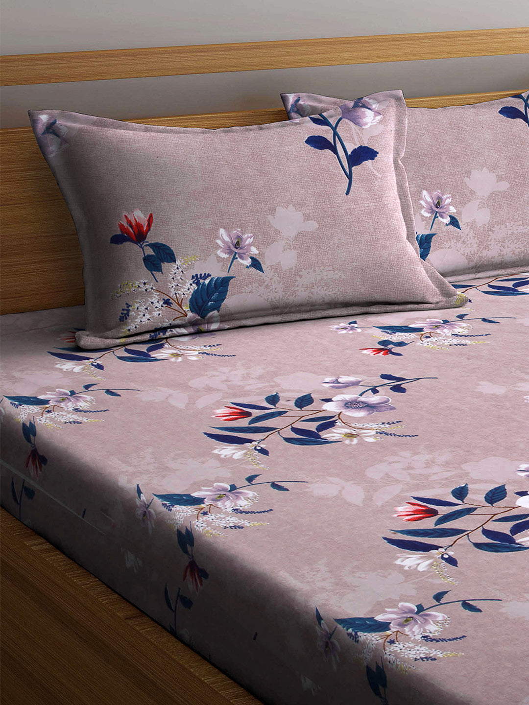 Arrabi Brown Floral TC Cotton Blend King Size Bookfold Bedsheet with 2 Pillow Covers (250 X 220 cm)