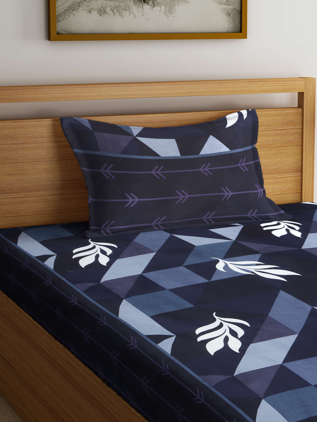 Arrabi Blue Graphic TC Cotton Blend Single Size Bedsheet with 1 Pillow Cover (215 X 150 cm)