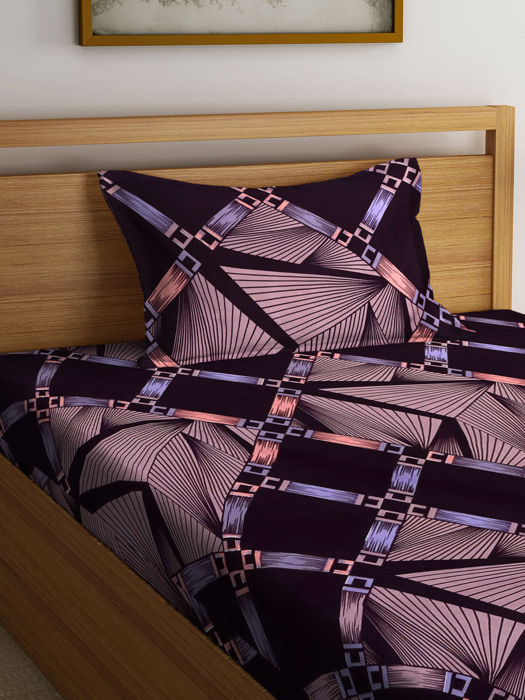 Arrabi Brown Geometric TC Cotton Blend Single Size Bedsheet with 1 Pillow Cover (215 x 150 cm)