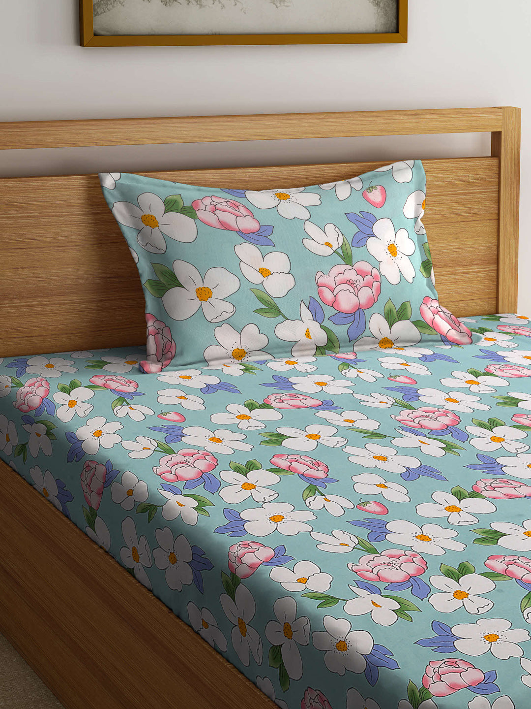 Arrabi Blue Floral TC Cotton Blend Single Size Bedsheet with 1 Pillow Cover (215 x 150 cm)