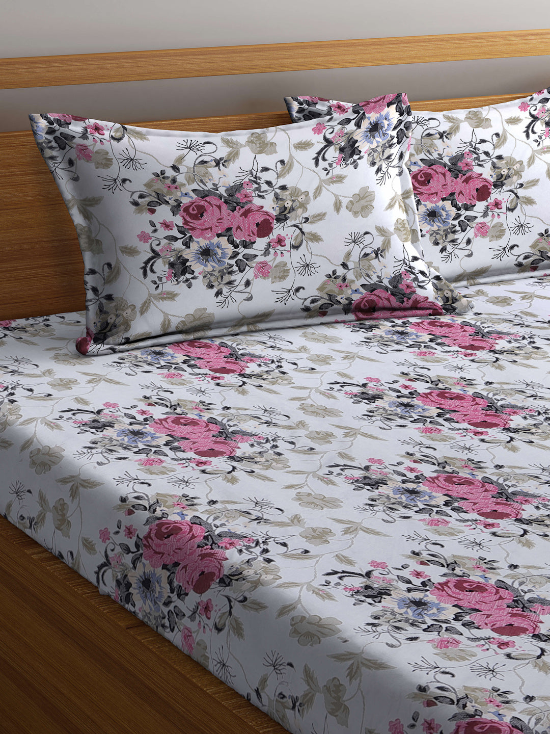 Arrabi White Floral TC Cotton Blend King Size Bookfold Bedsheet with 2 Pillow Covers (250 X 215 cm)