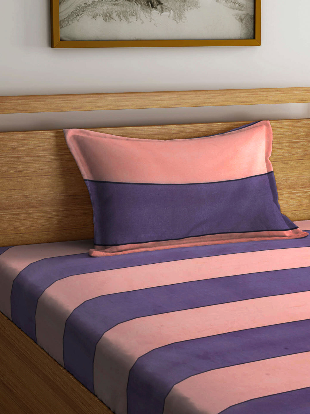 Arrabi Peach Stripes TC Cotton Blend Single Size Fitted Bedsheet with 1 Pillow Cover (220 X 150 cm)