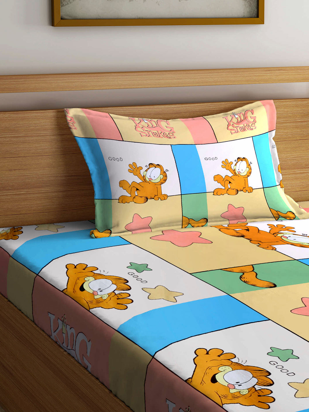 Arrabi Multi Cartoon TC Cotton Blend Single Size Fitted Bedsheet with 1 Pillow Cover (220 X 150 cm)