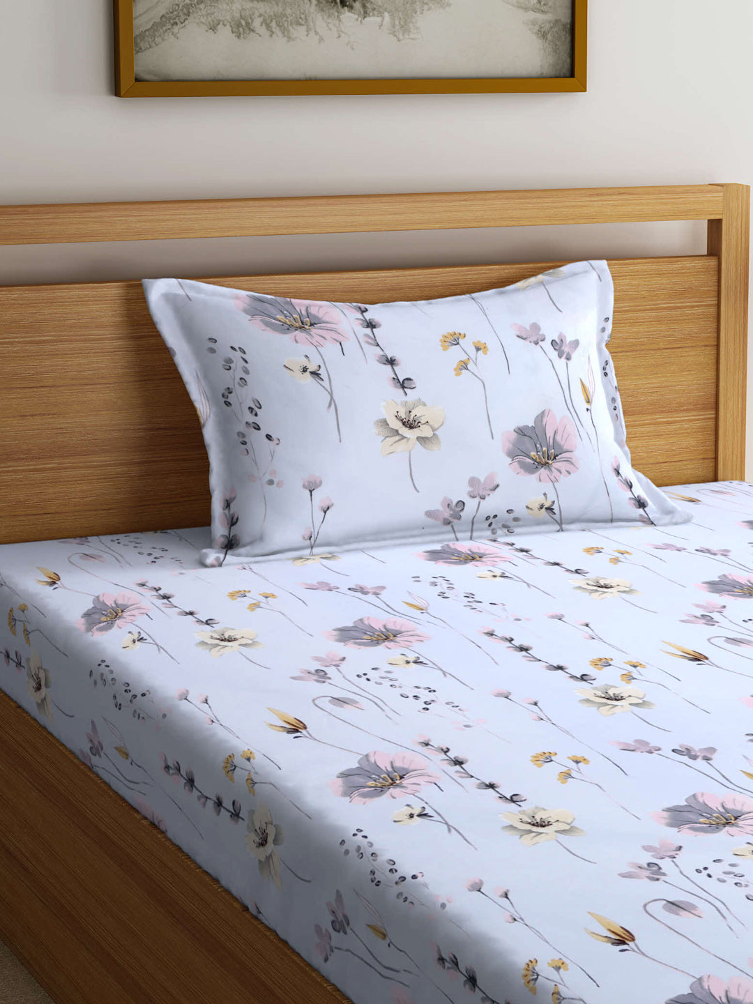 Arrabi Grey Floral TC Cotton Blend Single Size Bedsheet with 1 Pillow Cover (215 X 150 cm)