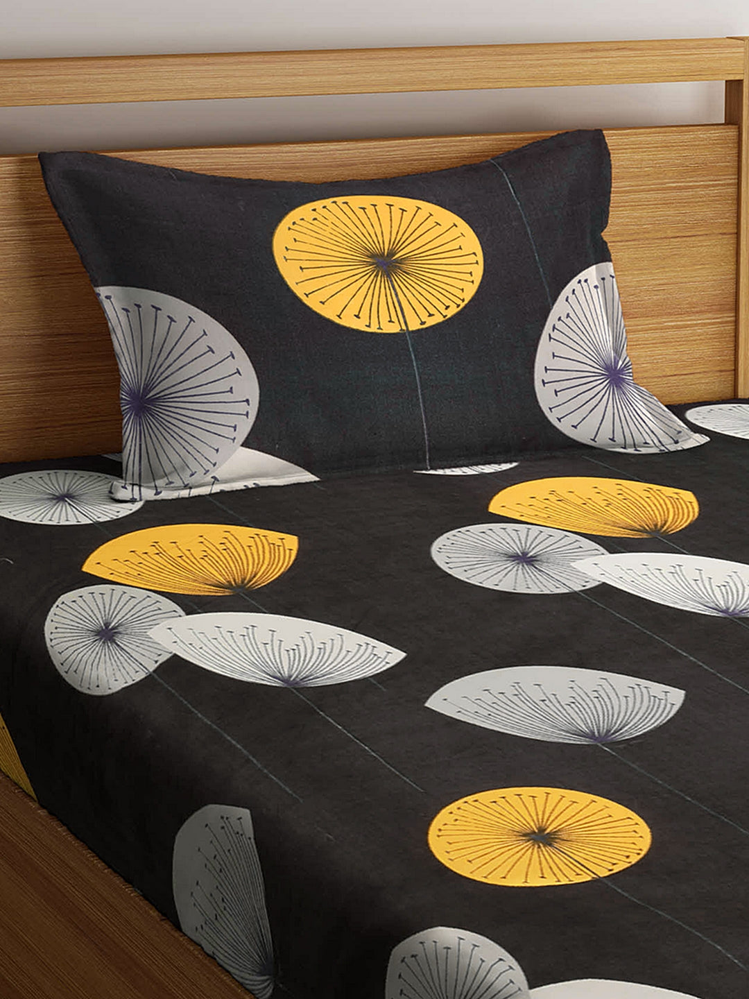 Arrabi Black Graphic TC Cotton Blend Single Size Fitted Bedsheet with 1 Pillow Cover (220 X 150 cm)