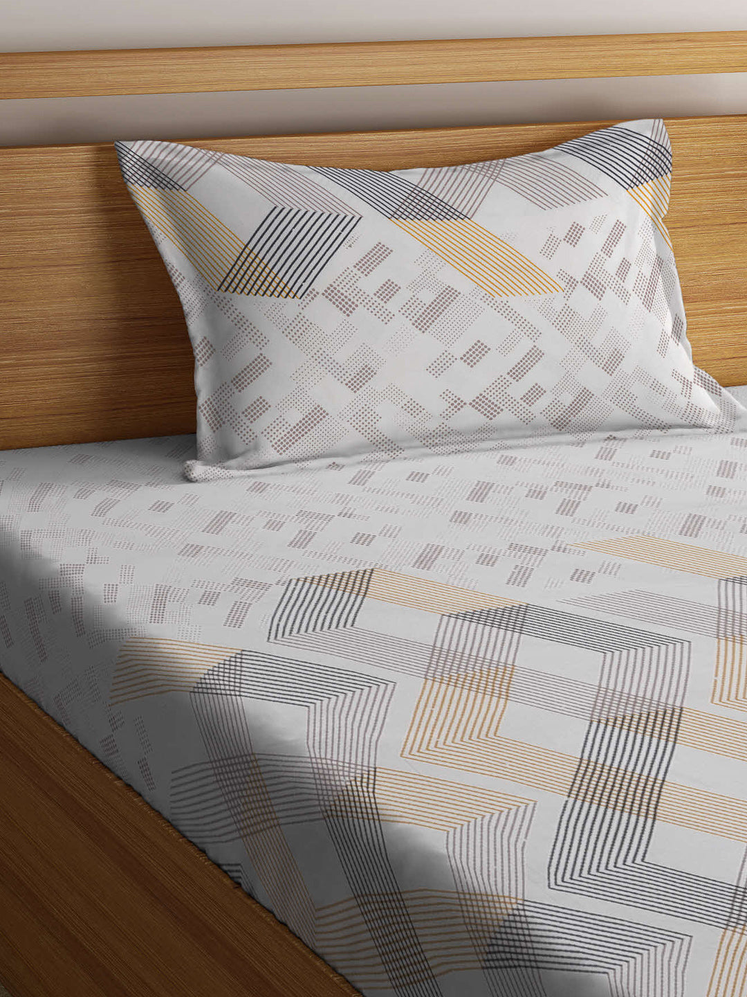 Arrabi Multi Geometric TC Cotton Blend Single Size Bedsheet with 1 Pillow Cover (220 x 150 cm)