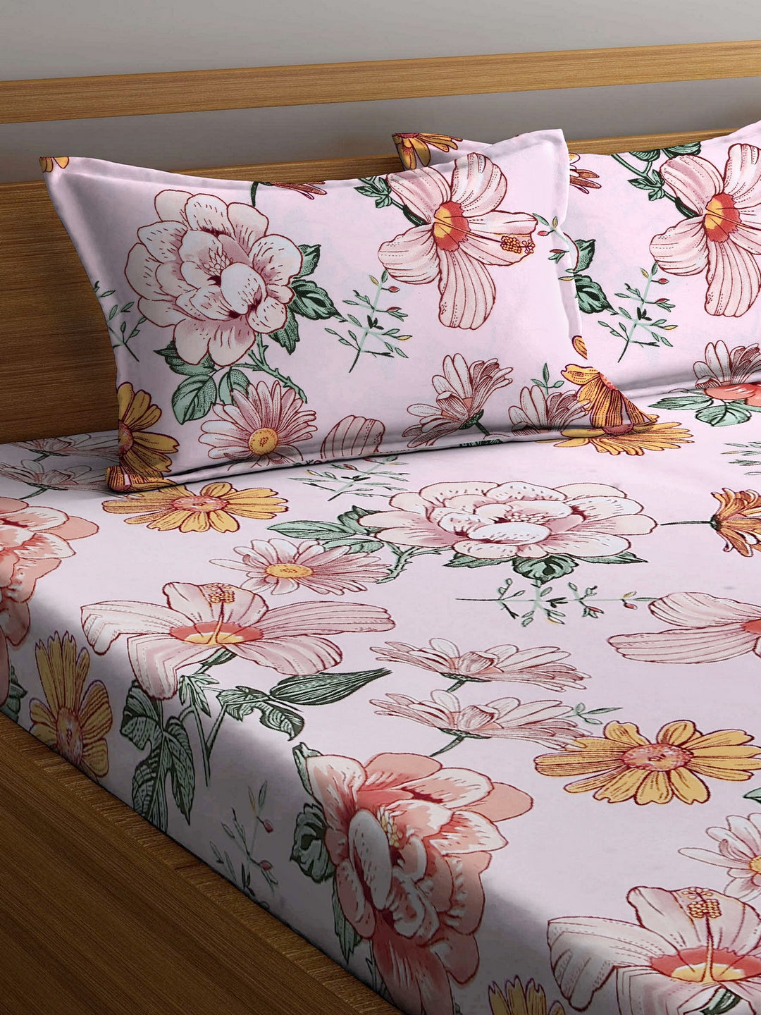 Arrabi Pink Floral TC Cotton Blend King Size Bookfold Bedsheet with 2 Pillow Covers (250 X 215 cm)