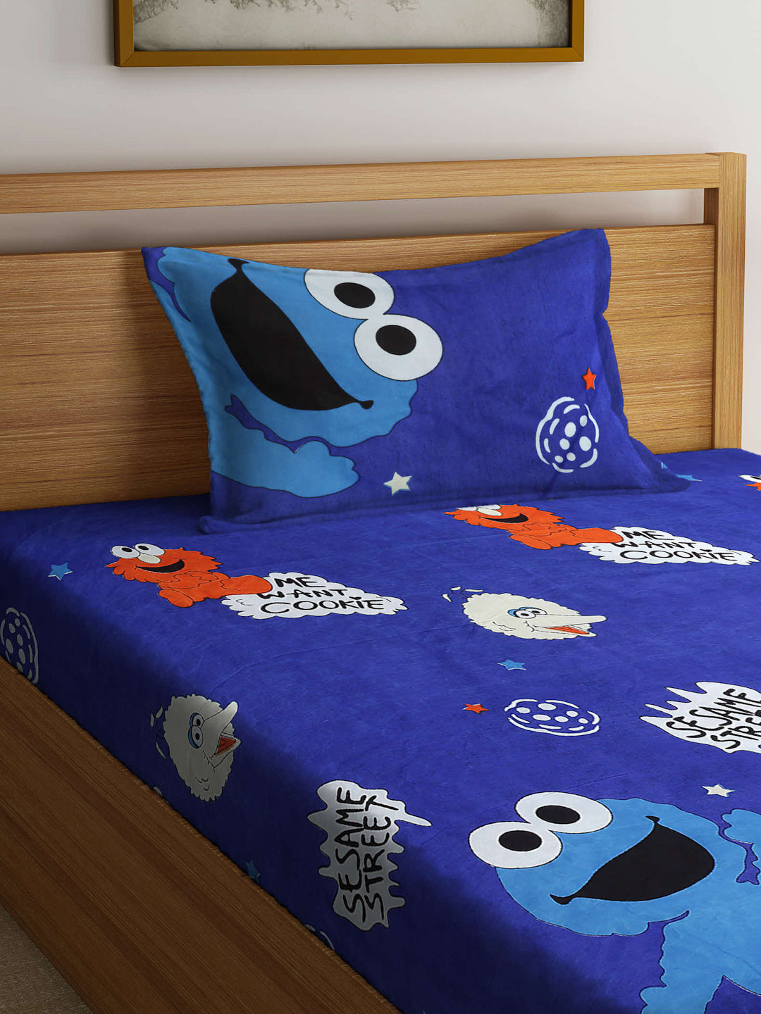 Arrabi Blue Cartoon TC Cotton Blend Single Size Fitted Bedsheet with 1 Pillow Cover (215 X 150 cm)