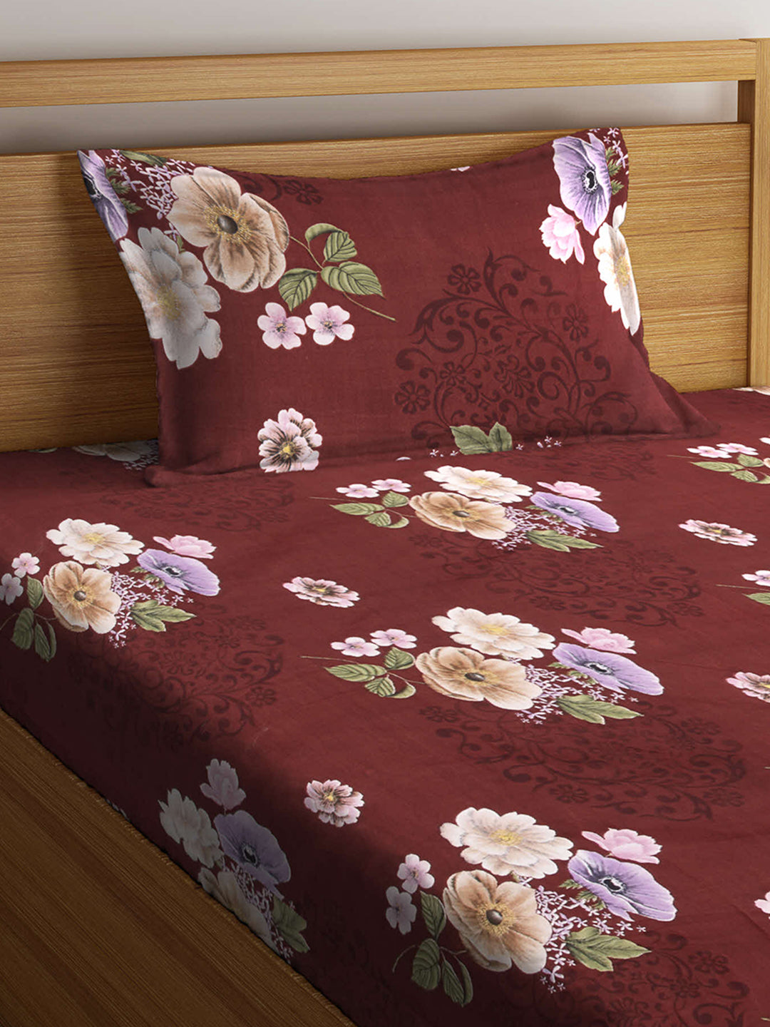 Arrabi Brown Floral TC Cotton Blend Single Size Fitted Bedsheet with 1 Pillow Cover (220 X 150 cm)