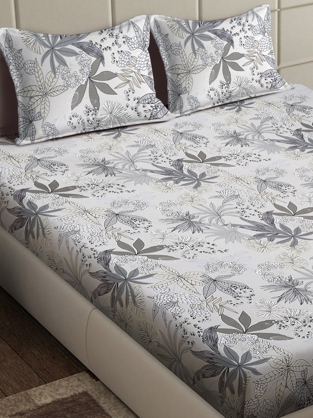 Arrabi Grey Floral TC Cotton Blend King Size Bedsheet with 2 Pillow Covers (250 x 215 cm)