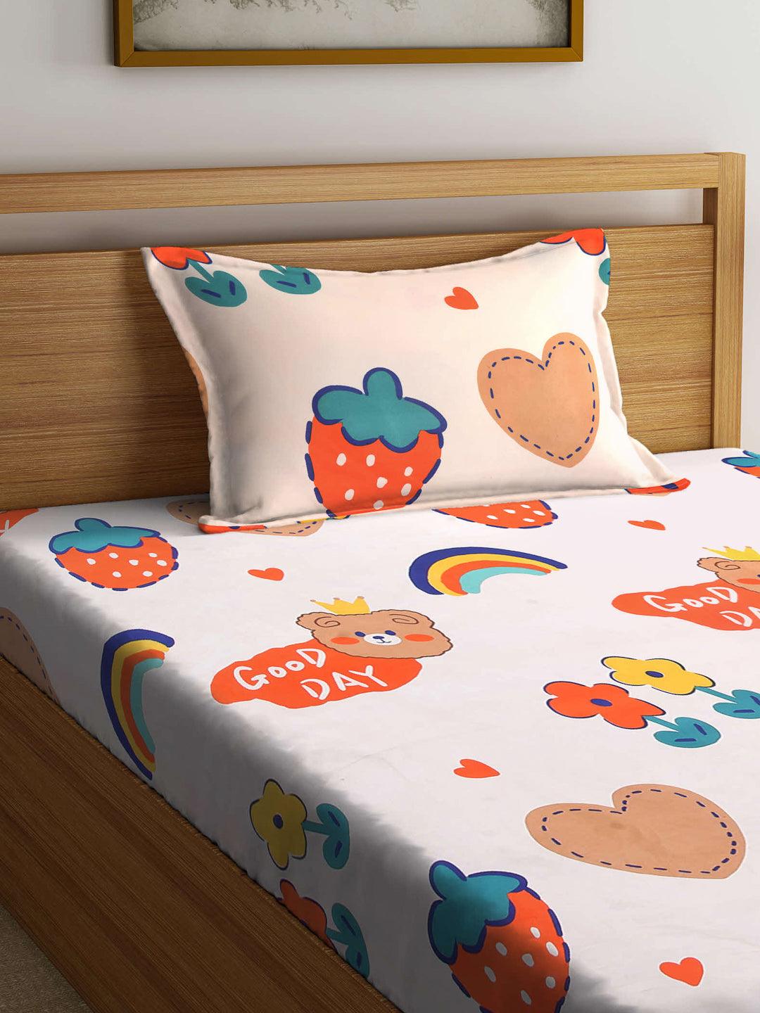 Arrabi Multi Cartoon TC Cotton Blend Single Size Bedsheet with 1 Pillow Cover (215 x 150 cm)