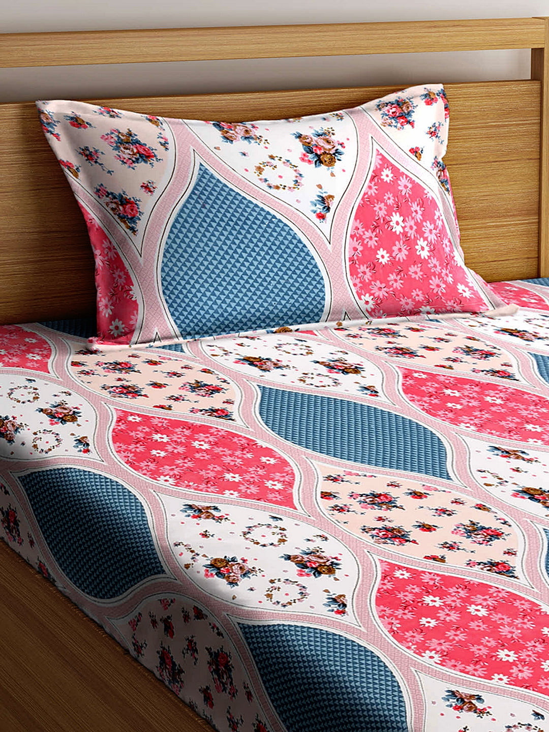 Arrabi Multi Floral TC Cotton Blend Single Size Fitted Bedsheet with 1 Pillow Cover (220 X 150 cm)