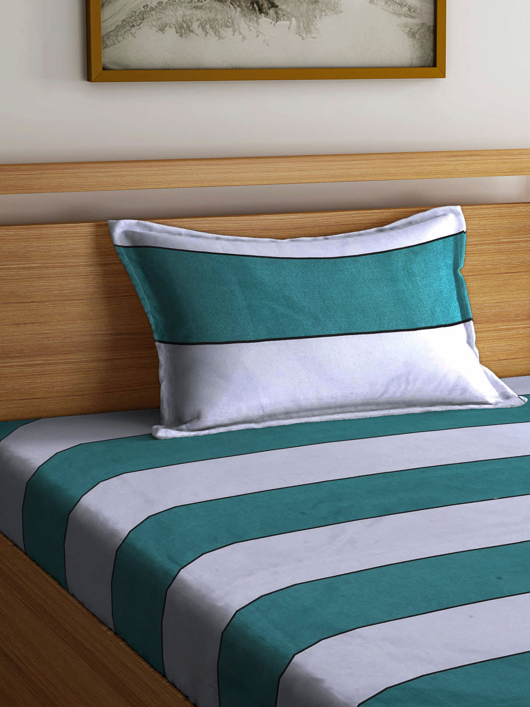 Arrabi Green Stripes TC Cotton Blend Single Size Fitted Bedsheet with 1 Pillow Cover (220 X 150 cm)