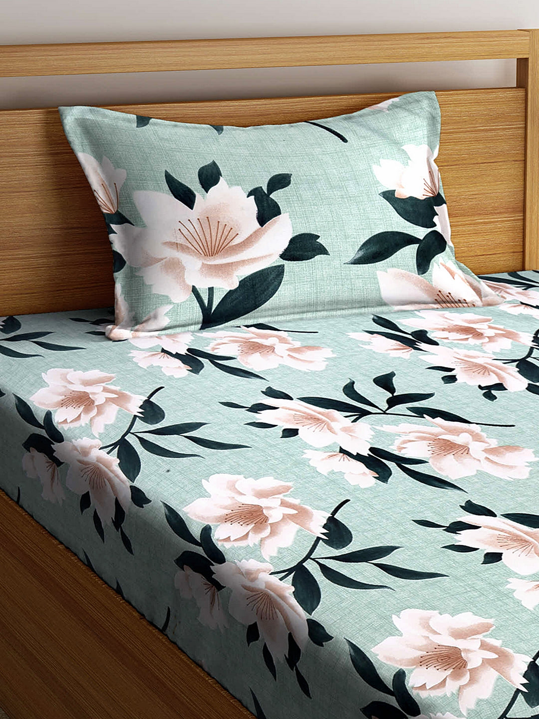 Arrabi Green Floral TC Cotton Blend Single Size Fitted Bedsheet with 1 Pillow Cover (220 X 150 cm)