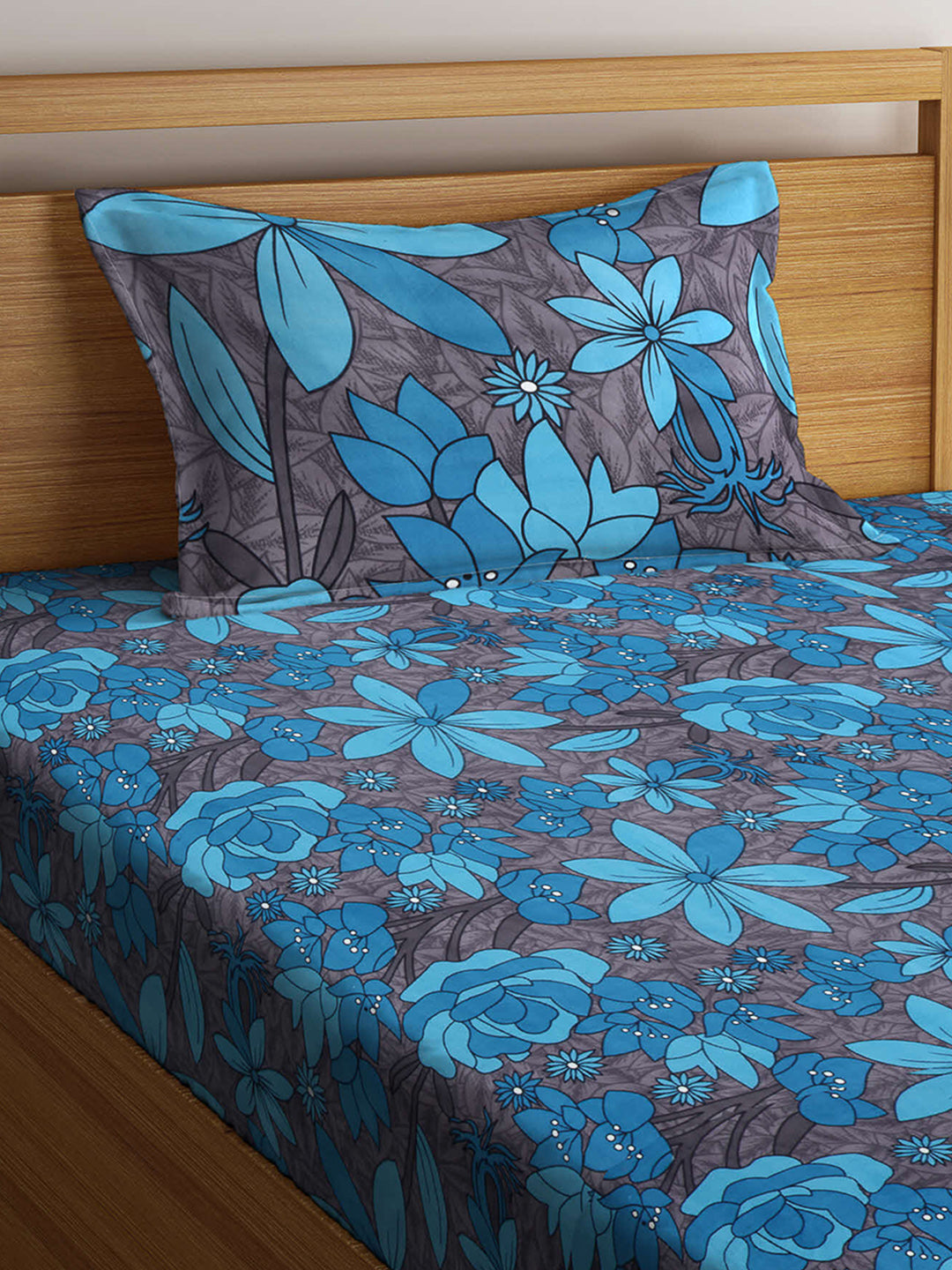 Arrabi Blue Floral TC Cotton Blend Single Size Fitted Bedsheet with 1 Pillow Cover (220 X 150 cm)